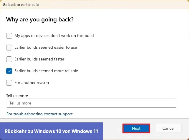 Deinstallationsgrund von Windows 11