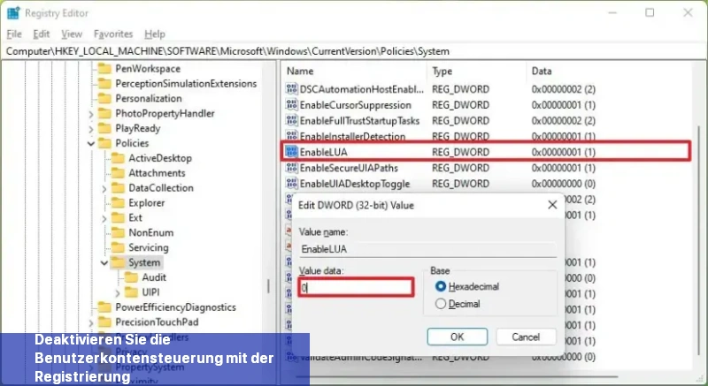 Registry deaktivieren der UAC unter Windows 11