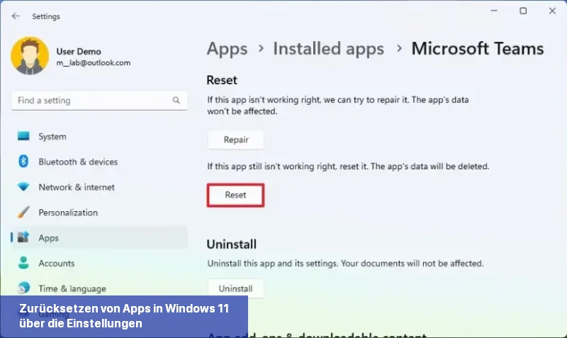 Windows 11 App zurücksetzen