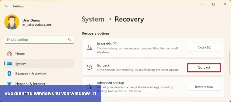 Windows 11 auf 10 zurückstufen Option